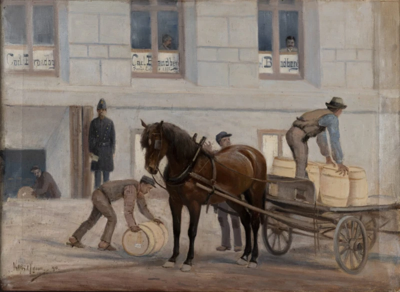 Målning av Valfrid Nelson från 1890 föreställande arbetet med lastning av smörkaggar utanför Carl Brandbergs Smör-Export Affär på Järnvägsgatan 17 i Helsingborg. Helsingborgs museum.