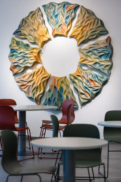 Konstverk på vägg med böljande segment som bildar en cirkel.