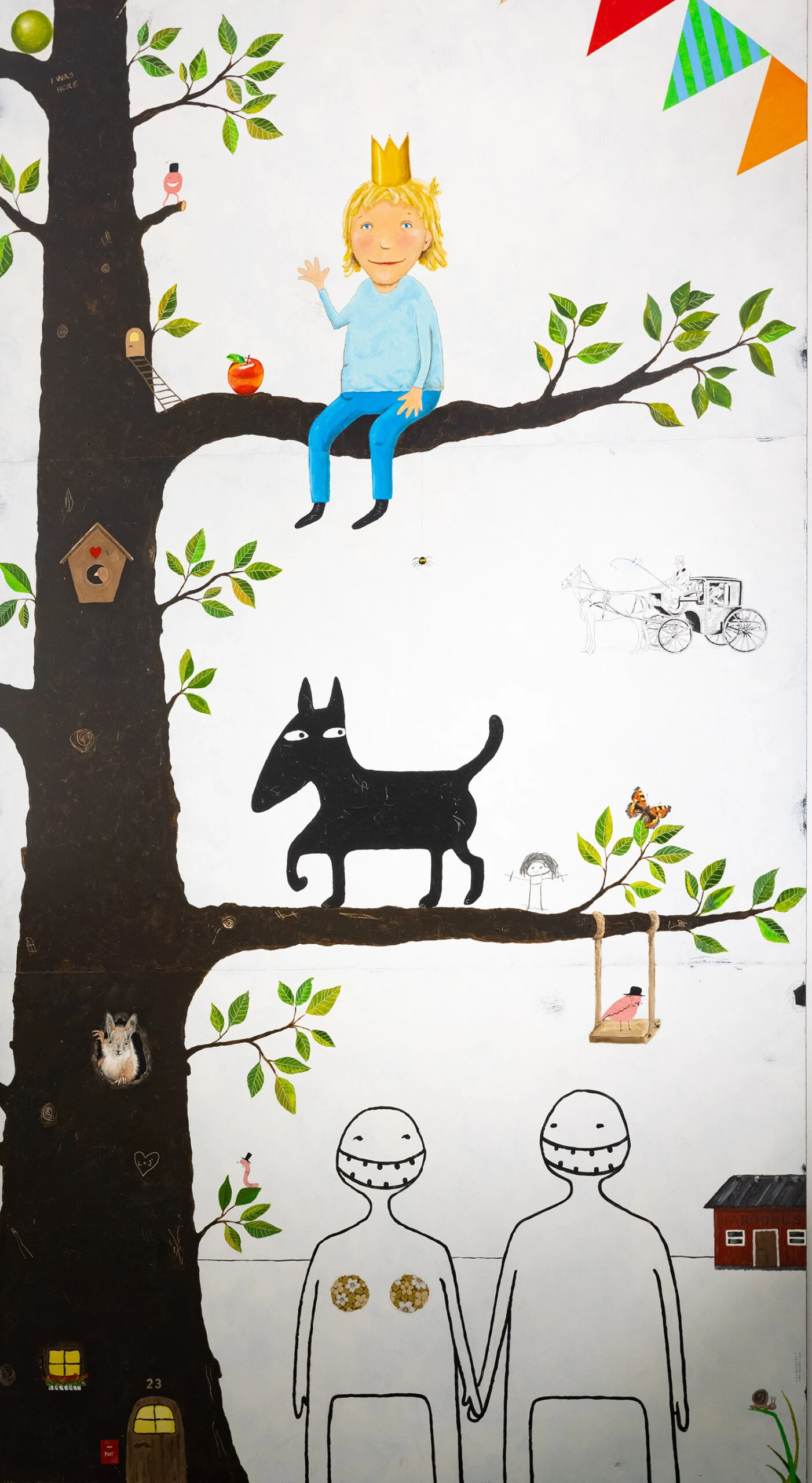 Väggmålning med träd, barn, djur mm.