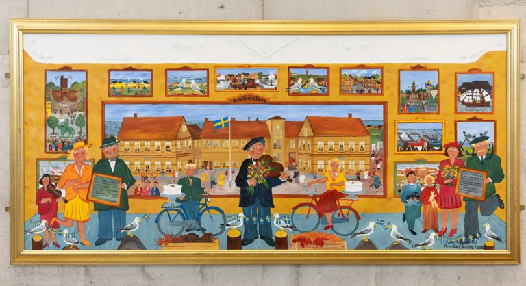 Tavla i naivistisk stil med helsingborgsmotiv