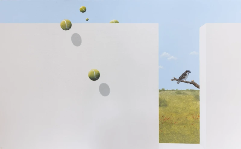 Målning på vägg med en gråsparv som syns i en lucka i muren. 