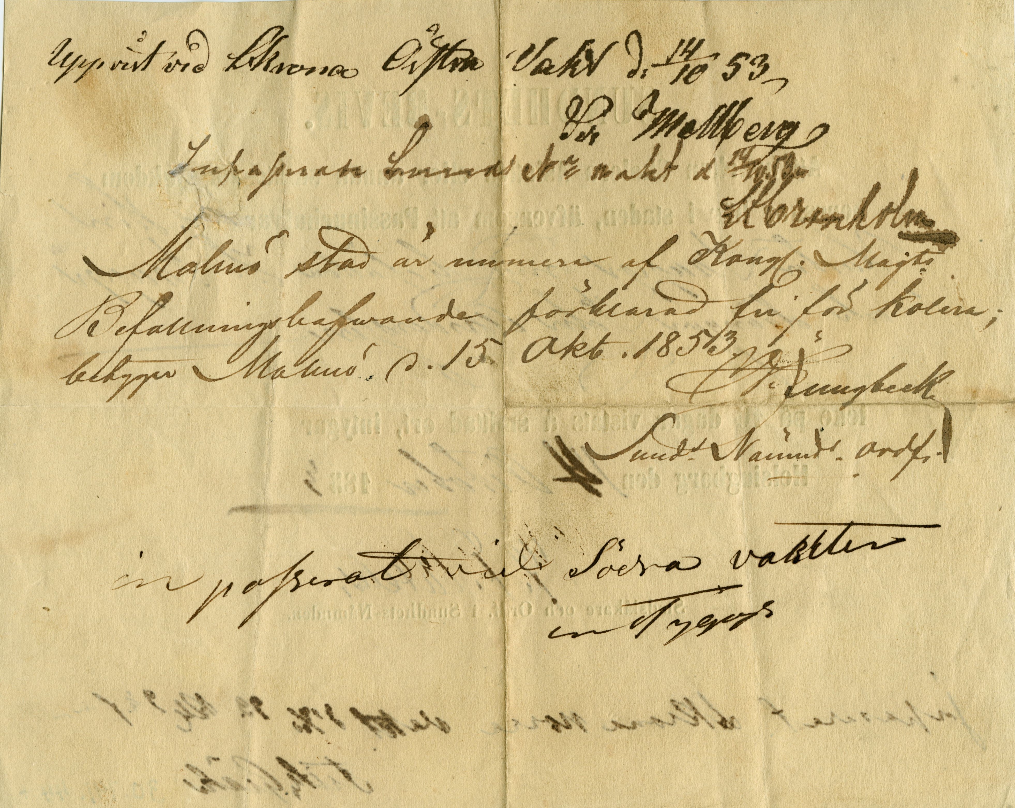 Baksidan av Sundhetsbeviset fr. 14/10 1853. Anteckningar om inresor i Landskrona, Lund och att Malmö förklarats fritt från kolera den 15/10 1853. Helsingborgs museum.
