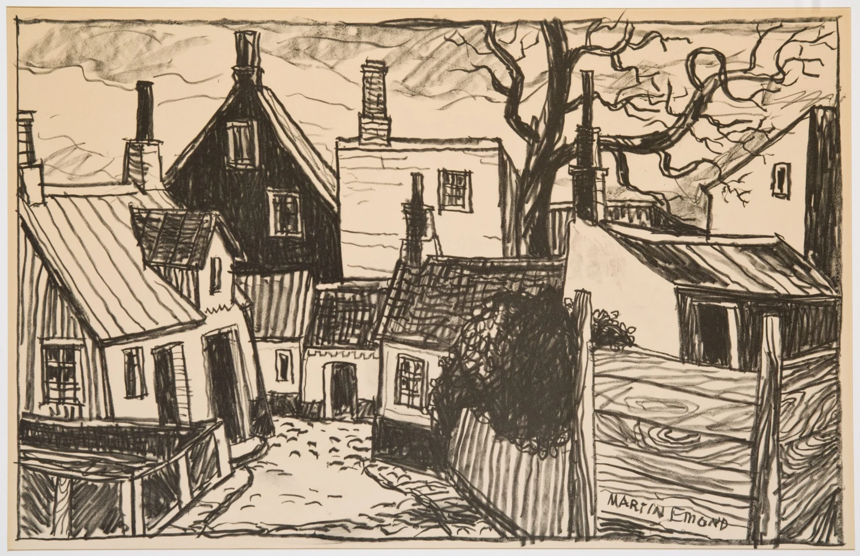"Kåkar på Råå" av Åke Emond (1948). Helsingborgs museum.