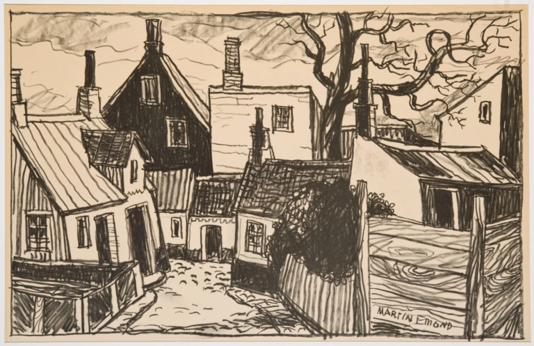 "Kåkar på Råå" av Åke Emond (1948). Helsingborgs museum.