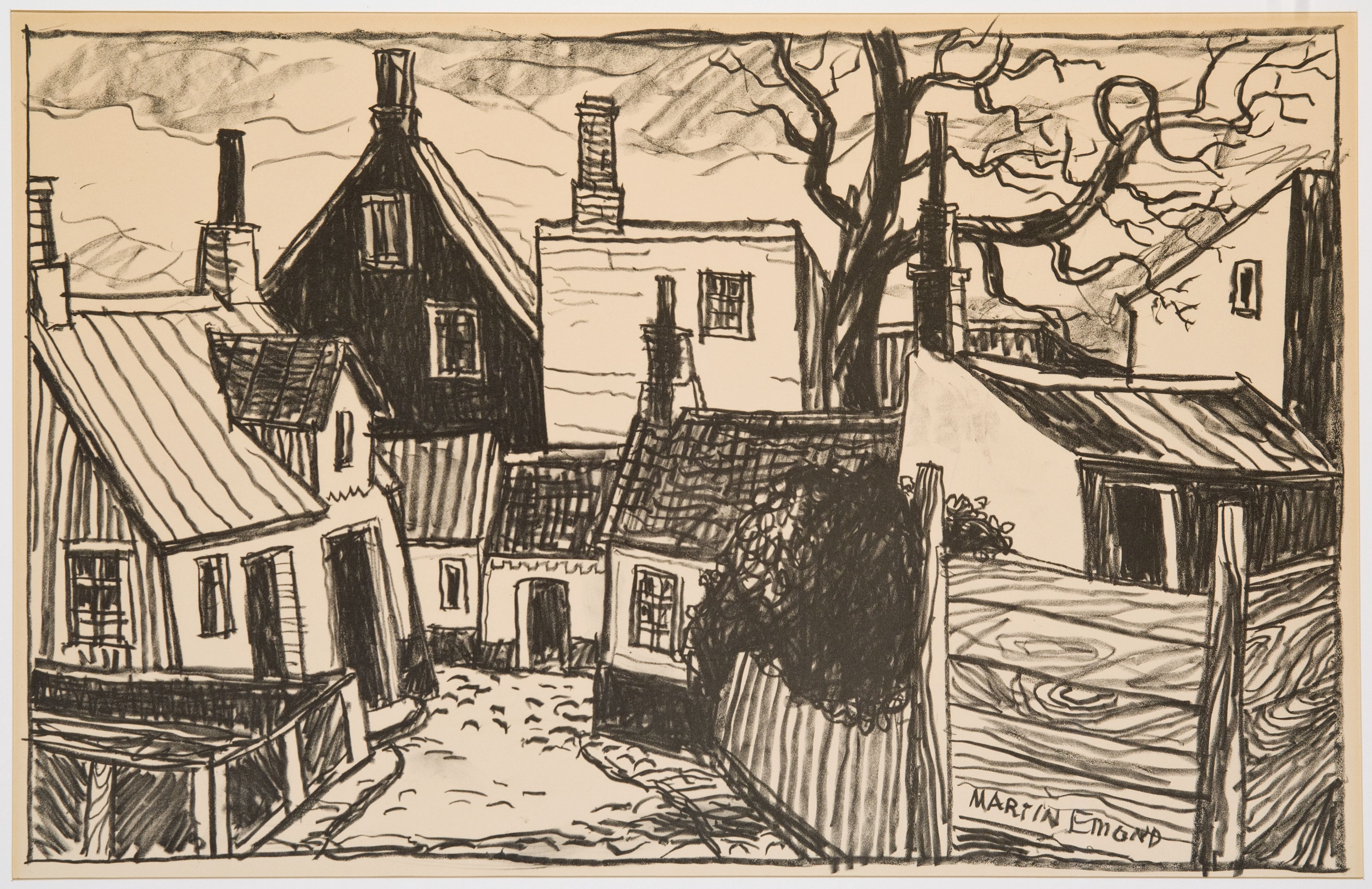 "Kåkar på Råå" av Åke Emond (1948). Helsingborgs museum.