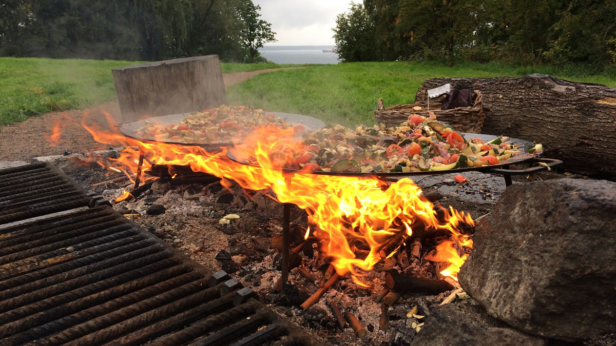 Galler med mat som grillas över öppen eld.