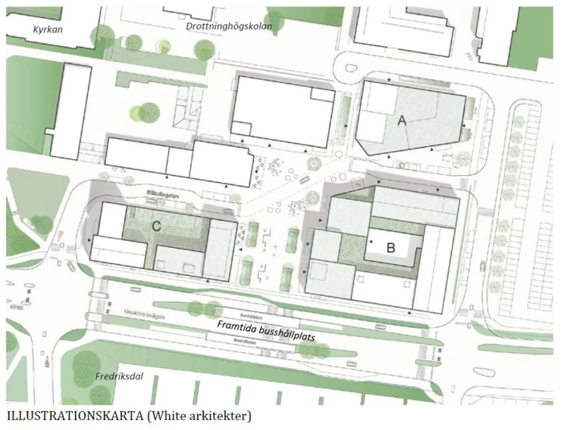 Illustration över planen för Drottninghögs centrum.