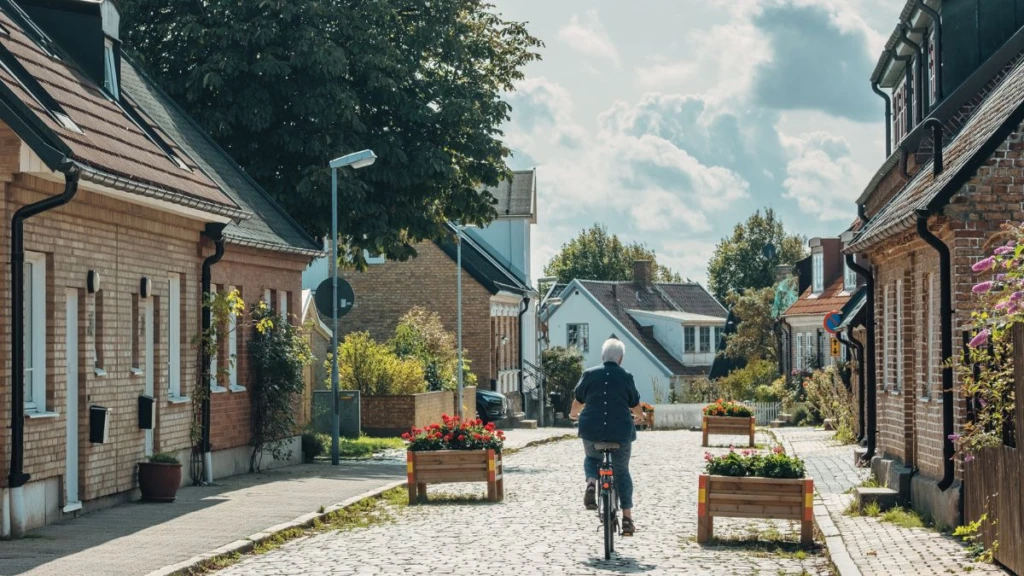 En person cyklar på en gata med gatsten, med låga, äldre hus längs sidorna.