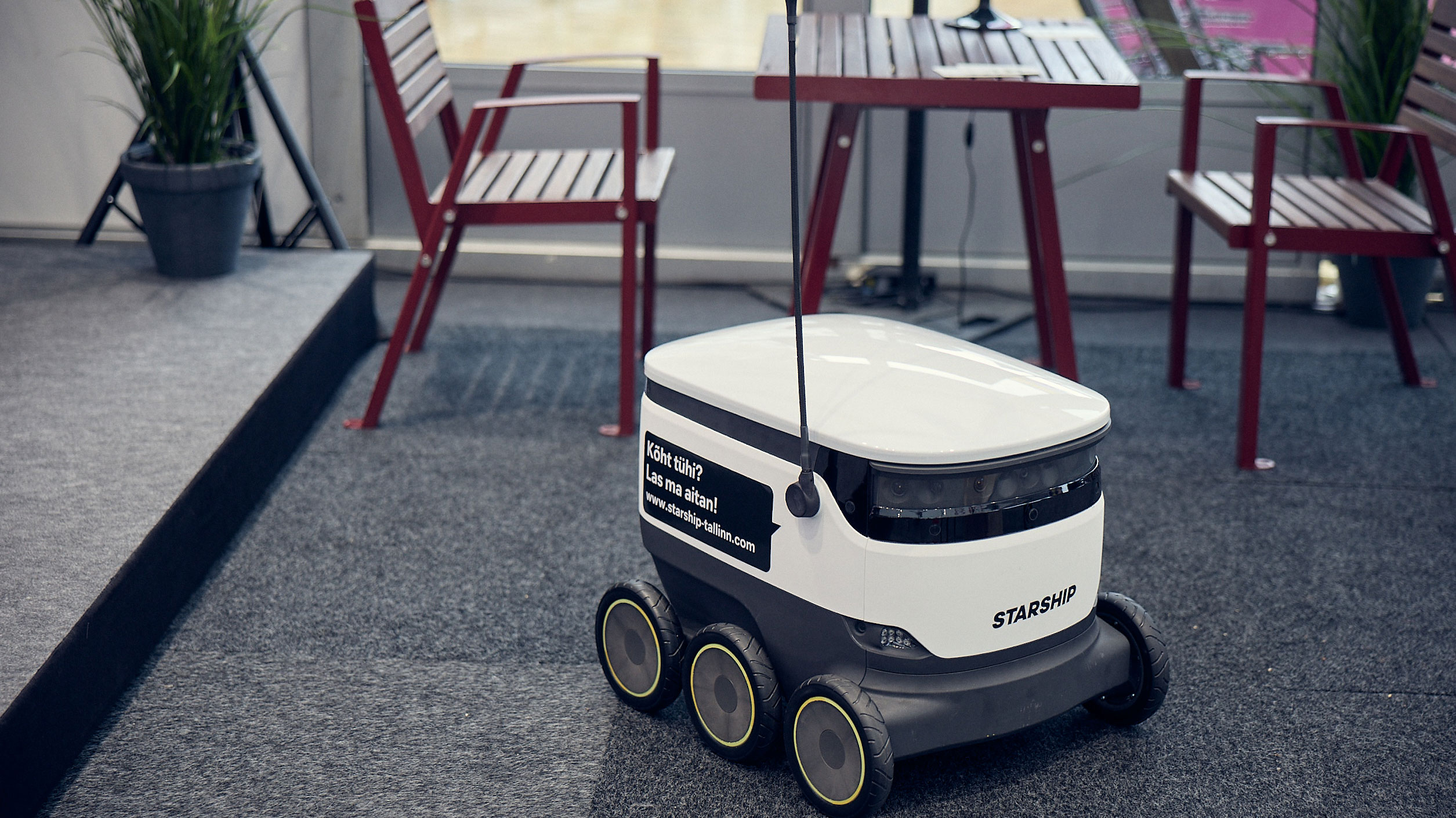 En liten robot kör omkring inomhus.