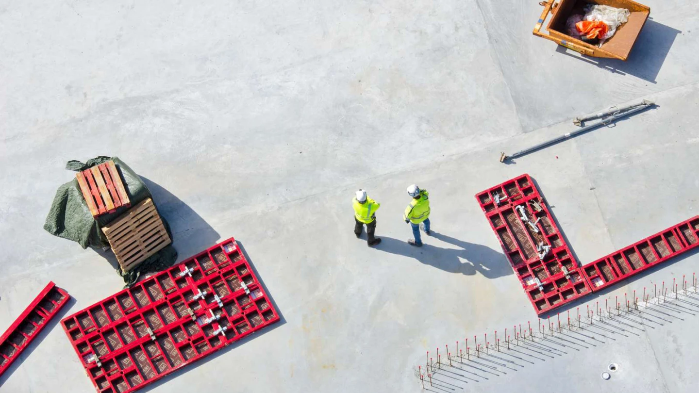 Byggarbetsplats, drönarbild.