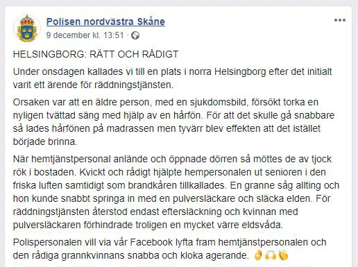 Polisen hyllade Mrjana, Carina och grannen efter deras insats. Källa: Polisen nordvästra Skåne, Facebook