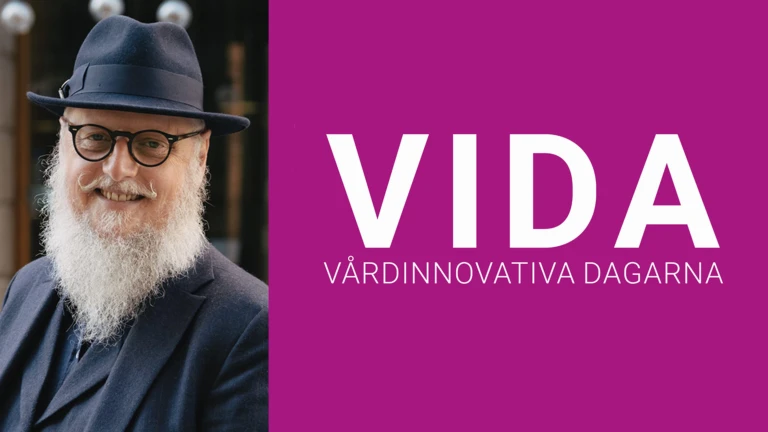 Man i vitt skägg och svart hatt till höger, till vänster texxten VIDA-vårdiinnovativa dagarna