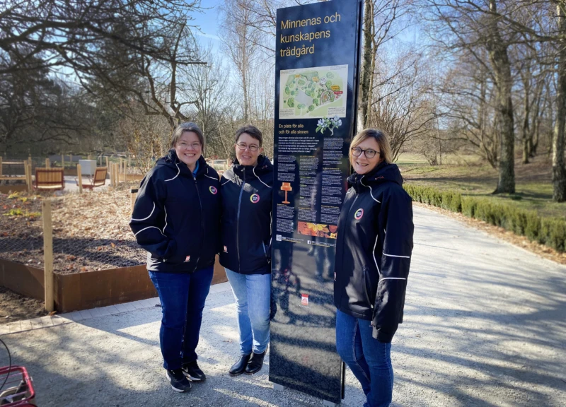 Sara Petersson, Åsa Westesson och Maja Grodzka vid ”Minnenas kunskapens trädgård”. Een uppskattad plats för både personal och besökare på Husensjö dagverksamhet.