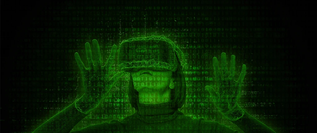 En digital bild på person med VR-glasögon.