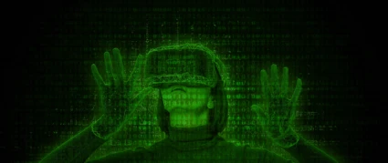 En digital bild på person med VR-glasögon.