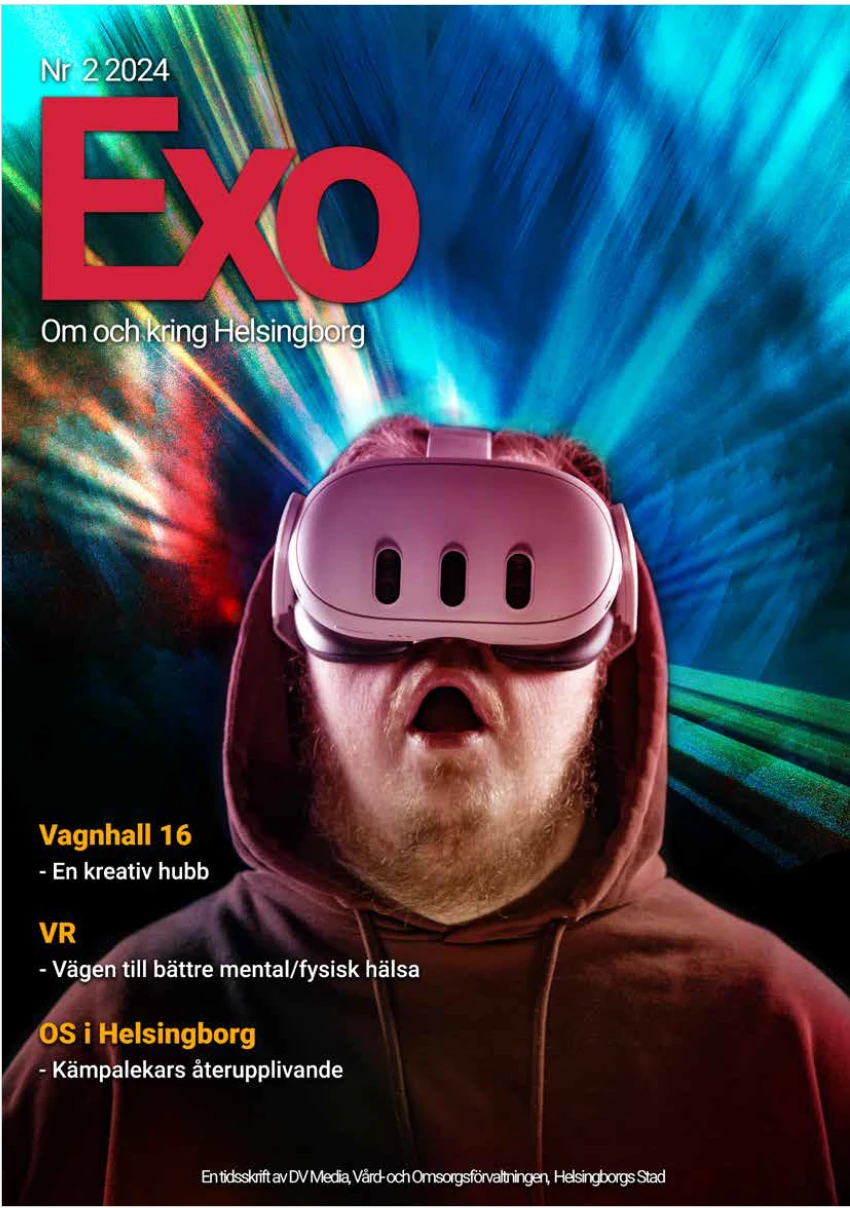 Tidningsframsida för EXO nr 2 2024. En man har VR-glasögon på sig.