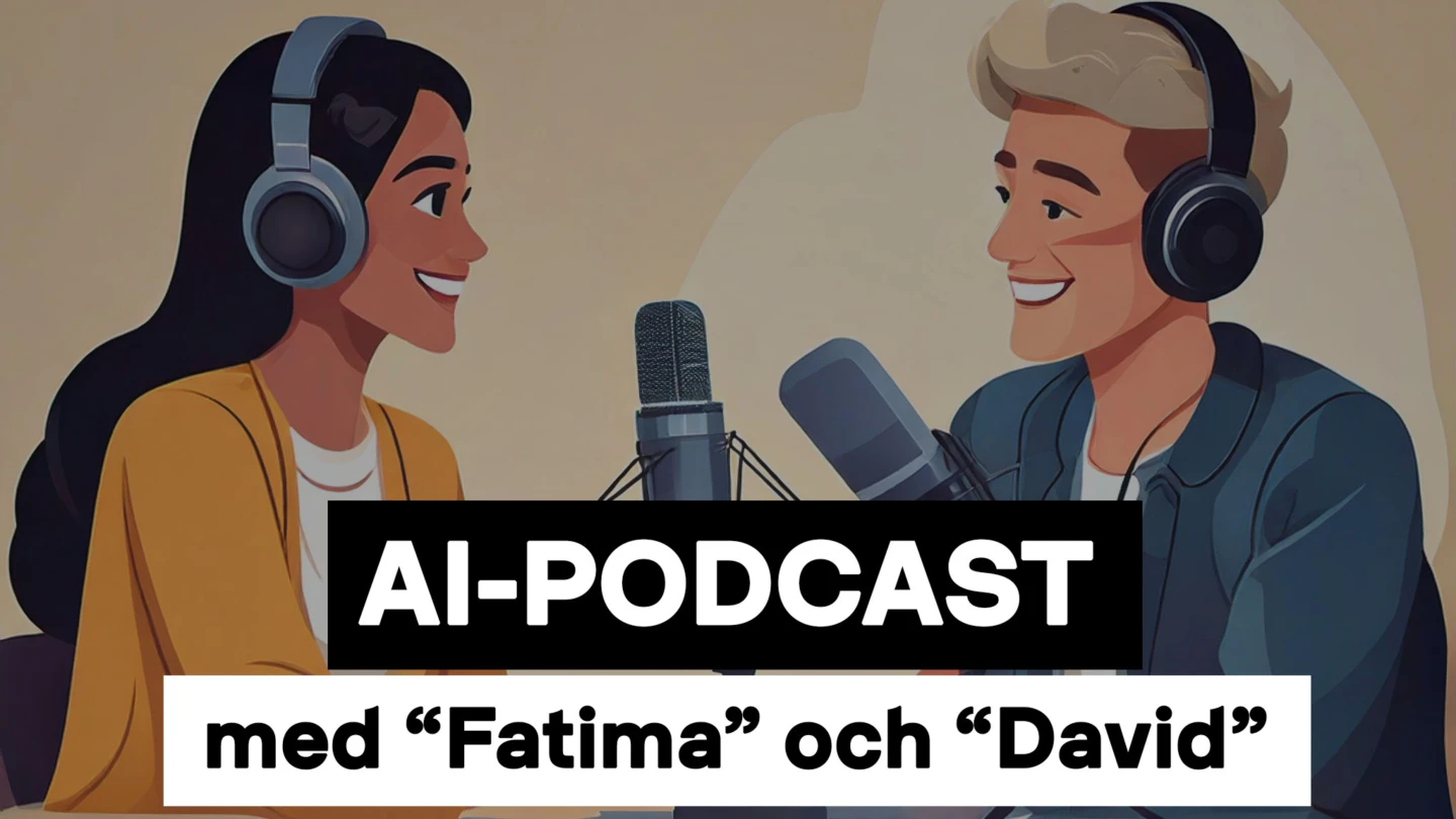 Illustrerad bild på en kvinna och en man som sitter och spelar in en podacast.