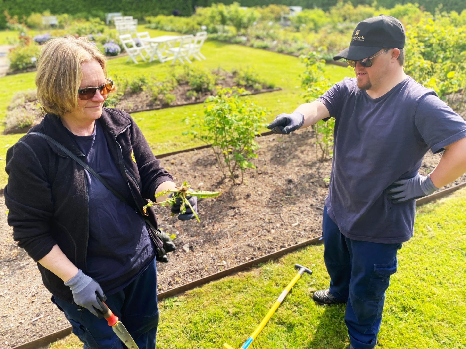 Fredriksdal, en man och en kvinna arbetar med trädgården