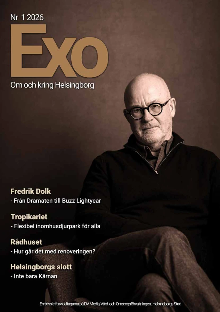 Framsida på tidningen Exo. En skallig man med glasögon sitter ner.