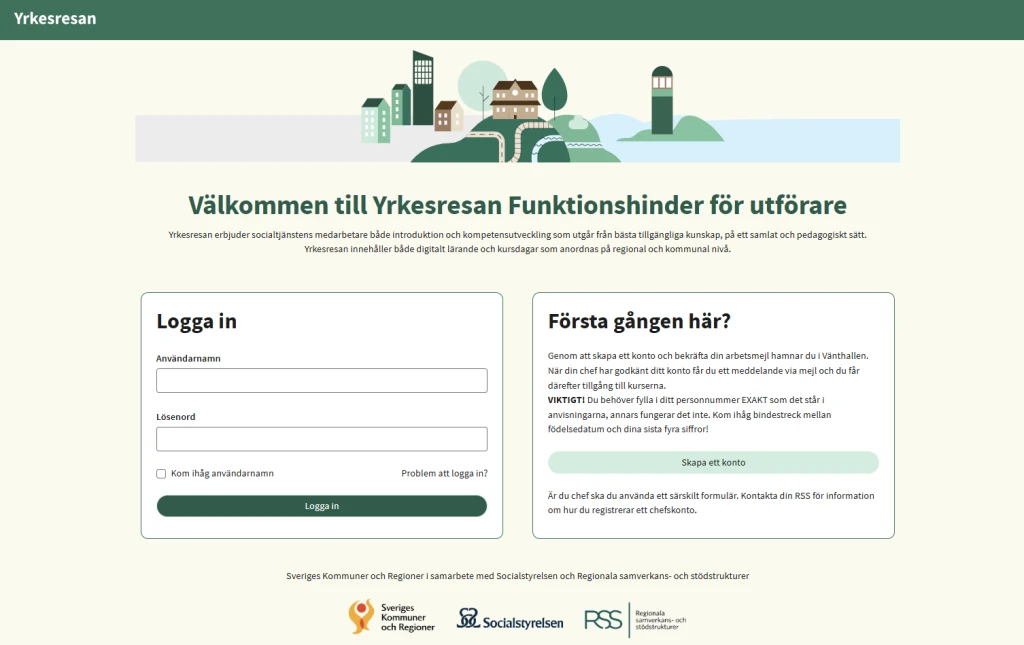 Skärmdump av inloggningssidan för Yrkesresan Funktionshinder