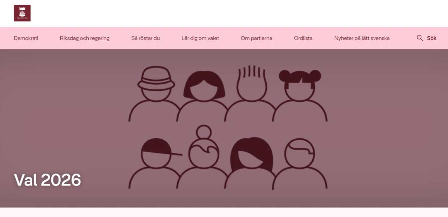 skärmbild på förstasidan på val.helsingborg.se. Rosa sida med pictogram på en grupp människor