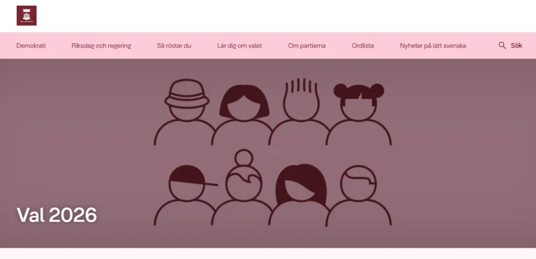 skärmbild på förstasidan på val.helsingborg.se. Rosa sida med pictogram på en grupp människor