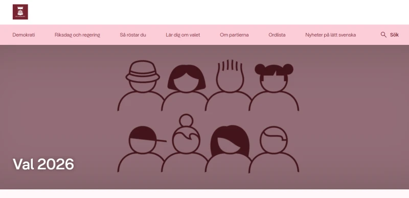 skärmbild på förstasidan på val.helsingborg.se. Rosa sida med pictogram på en grupp människor