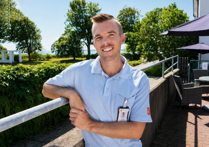 En manlig sjuksköterska tittar in i kameran och ler.