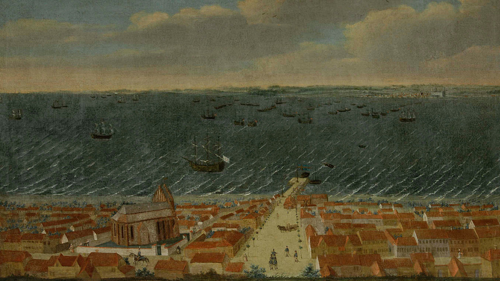 En oljemålning från 1700-talet som avbildar en vy över centrala Helsingborg med Mariakyrkan, Stortorget, och stenbryggan. 