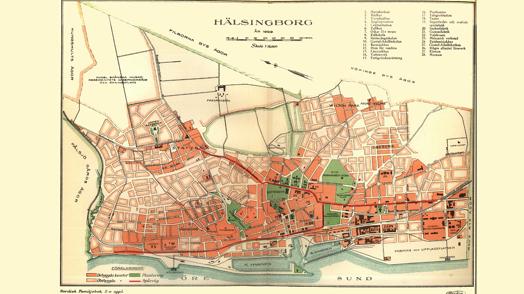 En karta över Helsingborg år 1909 med spårvägen utmärkt i rött.