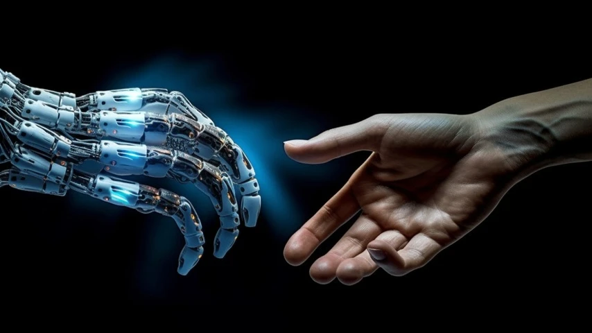 Illustration av en människohand som är påväg att fatta tag i en robothand