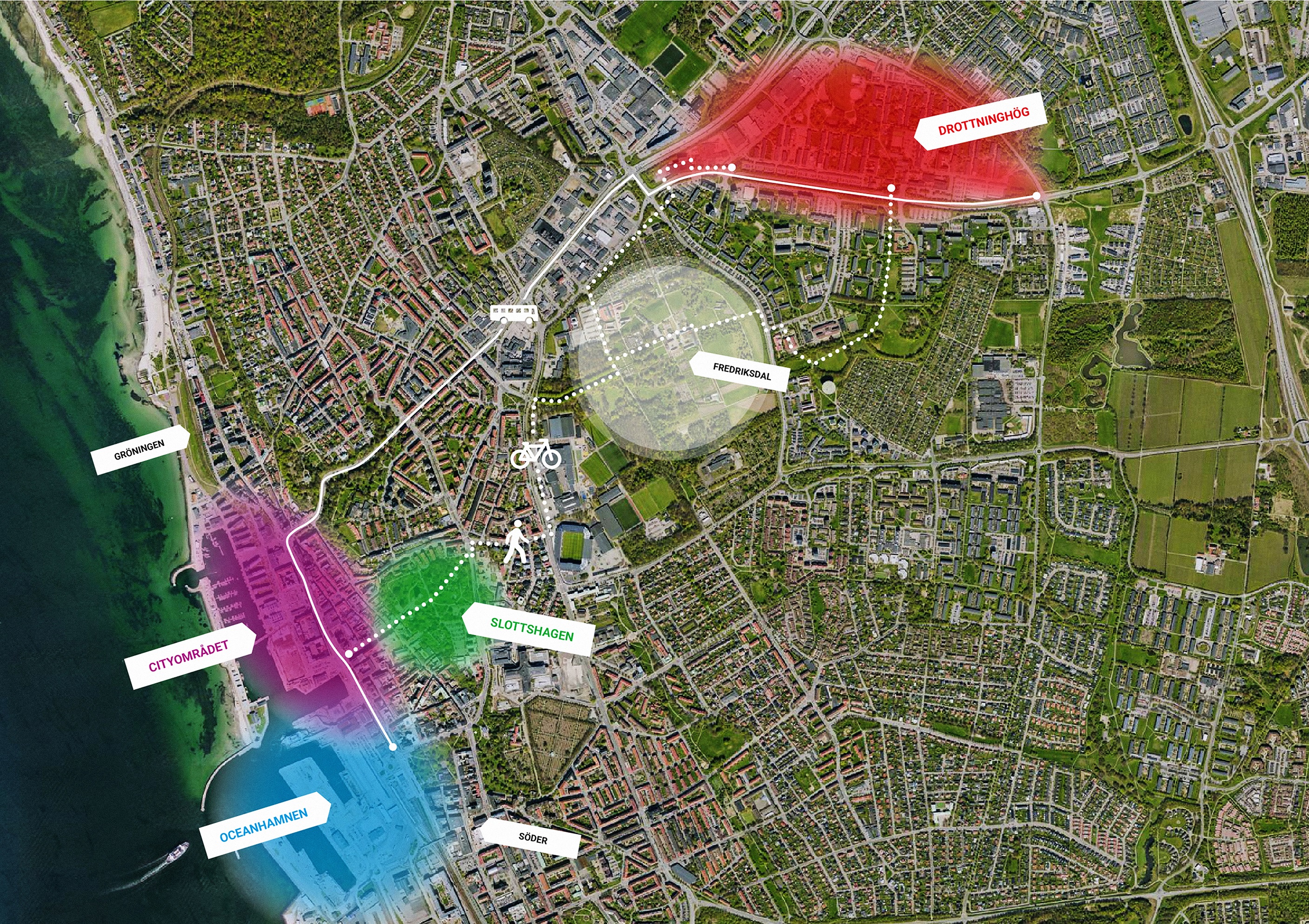 Här kan du se de fyra expoområdena. City är markerat med lila, Oceanhamnen med blått, Slottshagen med grönt och Drottninghög med rött. På Fredriksdal muséer och trädgårdar, som är markerat med vitt, händer det också mycket och under expots öppettider leds fotgängarna genom området.