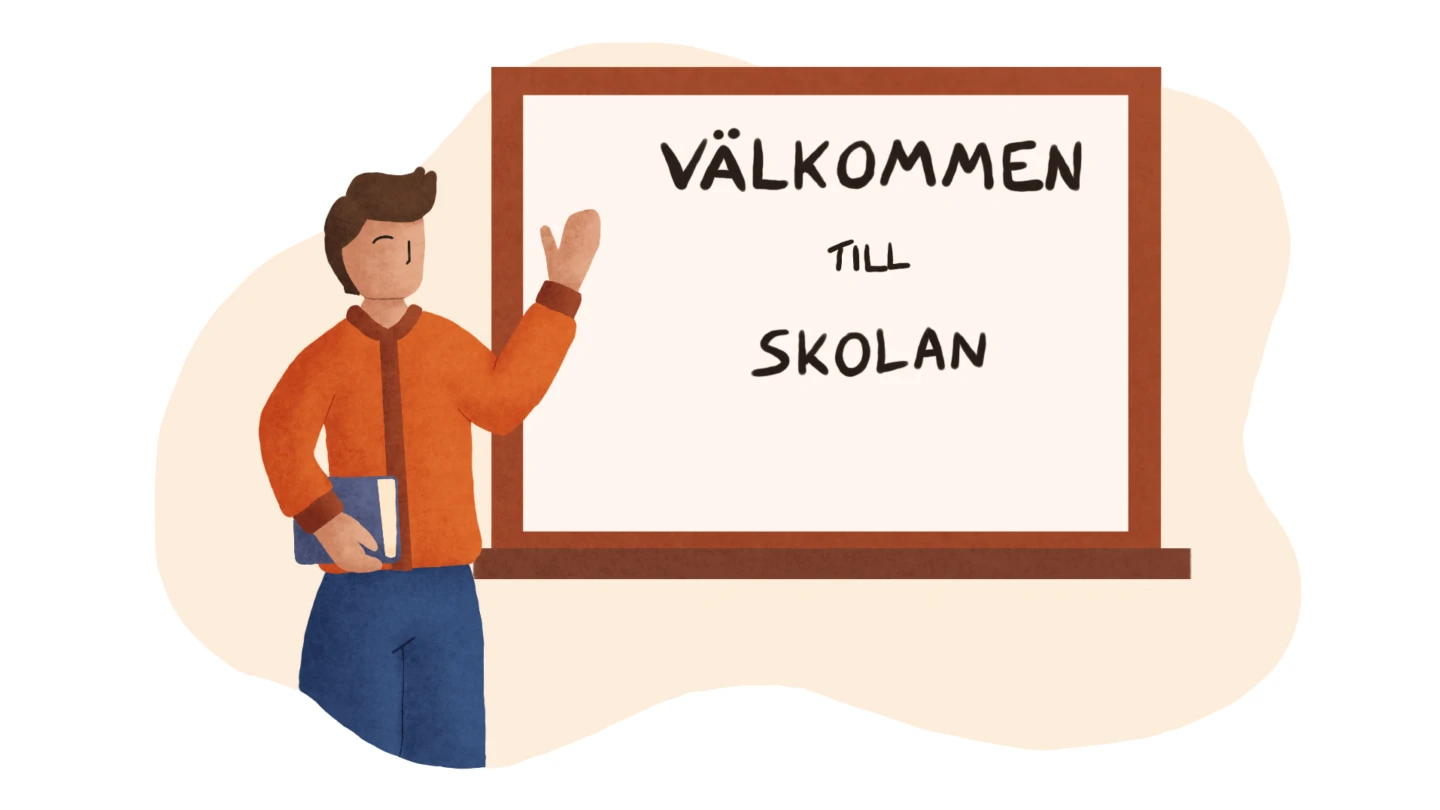 En lärare hälsar välkommen till skolan framför en whiteboard. Illustration.