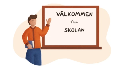 En lärare hälsar välkommen till skolan framför en whiteboard. Illustration.