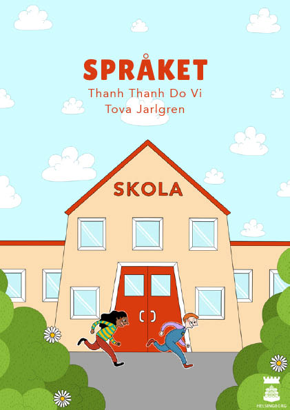 Framsidan till läseboken "Språket" med två barn som springer över skolgården framför sin skola.
