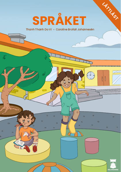 Framsidan till läseboken "Språket" lättläst version. Med två barn som leker på skolgården.