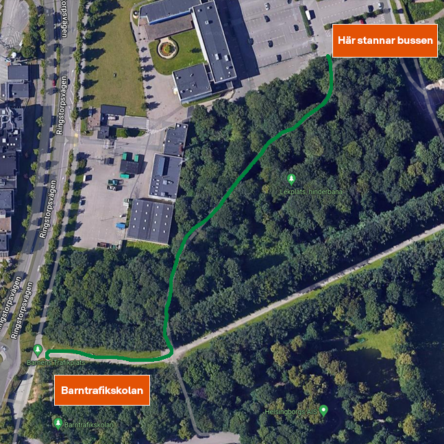 Karta som visar vägen från parkeringen till Barntrafikskolan.