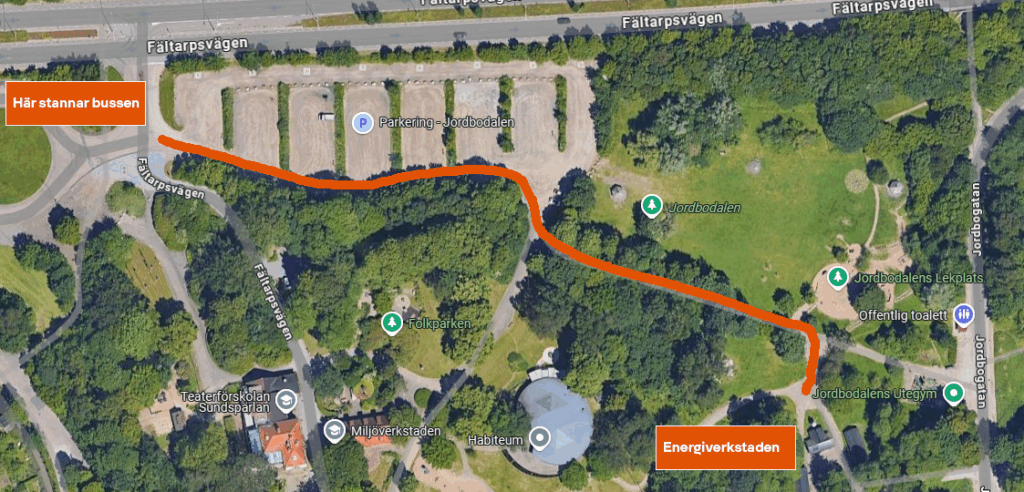 Karta som visar vägen från rondellen vid parkeringen till Energiverkstaden.