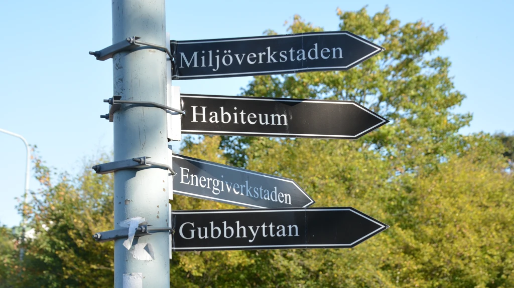 Skyltar som pekar ut vägen mot Miljöverkstadens lokaler i Jordbodalen.
