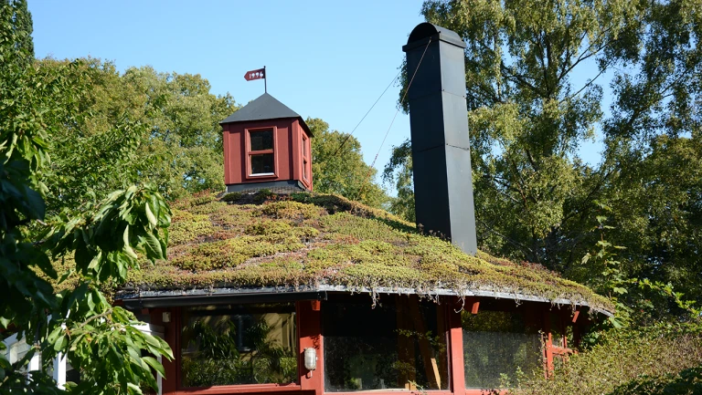 Miljöverkstadens lokal Kretshyttan i Jordbodalen, med sedumtak och en röd takkupa.