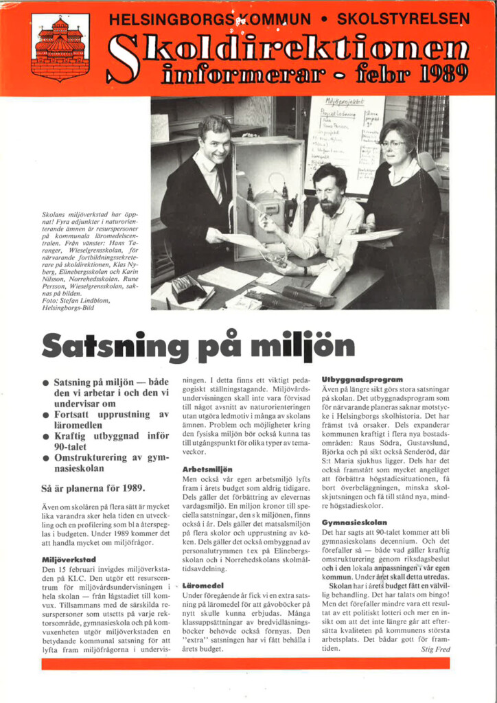 En sida i nyhetsbrevet Skoldirektionen som berättar om invigningen av Miljöverkstaden 1989.