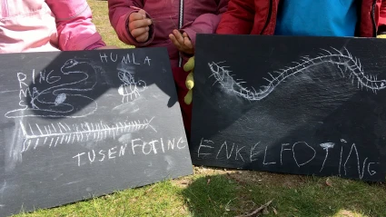 Skolelever håller upp två svarta griffeltavlor med texterna "Tusenfoting" och "Enkelfoting" på.