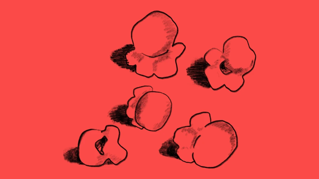 röd bakgrund, illusterade popcorn