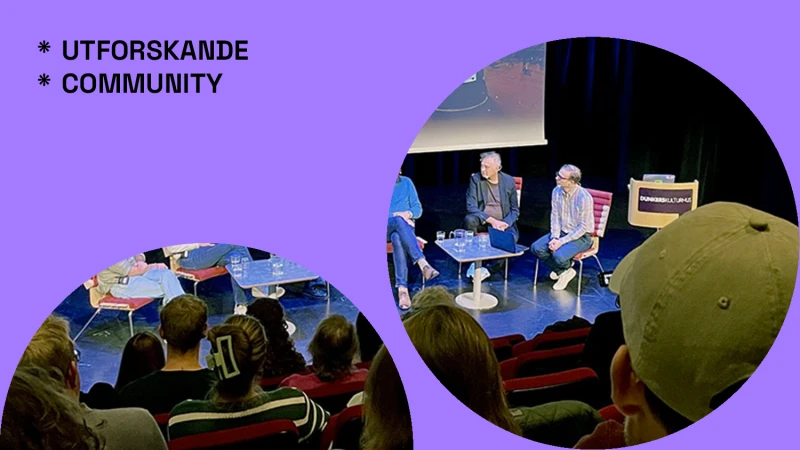 Bild från panelsamtal med deltagare Text i bild: Utforskande, Community