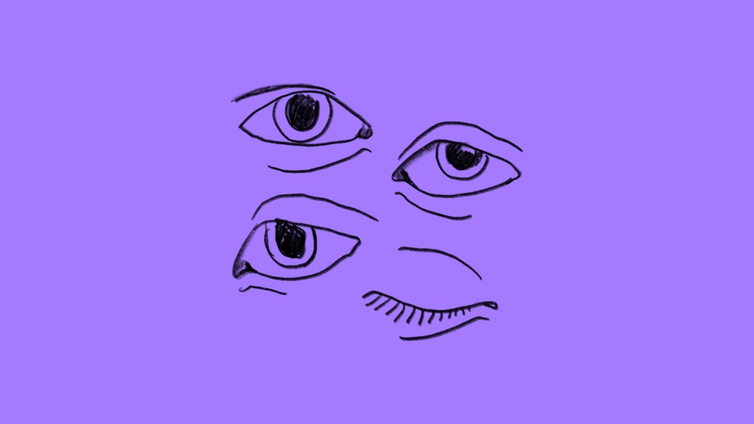 Lila bakgrund med illustration av fyra ögon, ett öga blundandes