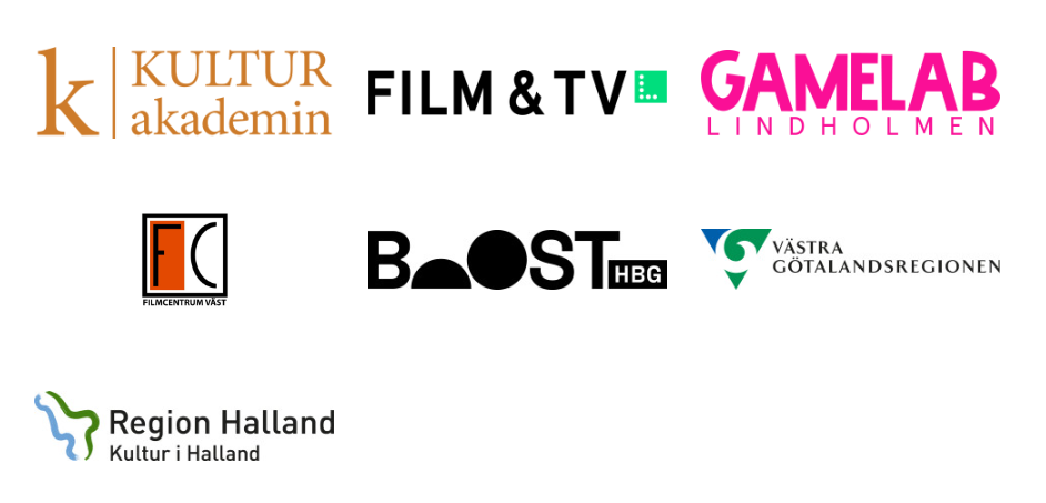 Logotyper för Kulturakademin, Lindholmen Film & TV, Gamelab, Filmcentrum Väst, BoostHBG, Västra Götalandsregionen och Region Halland