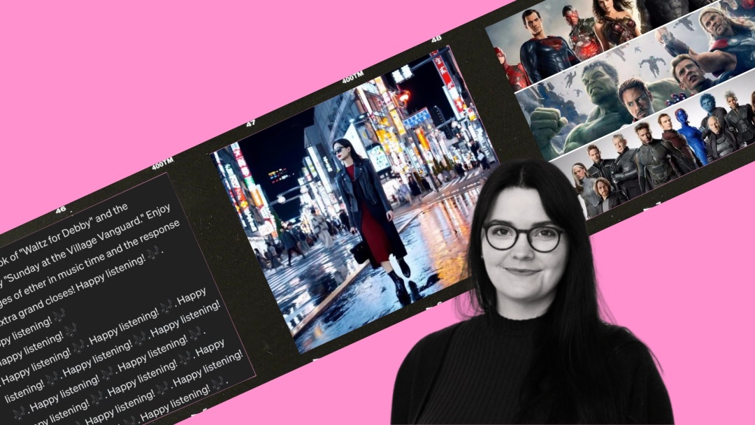 Filmremsa med tre bilder: en nonsenstext genererad av ChatGPT, en AI-genererad kvinna med neonskyltar i bakgrunden och en bild med olika superhjältar på film. Framför det en bild på textens författare Hillevi Gustafson.
