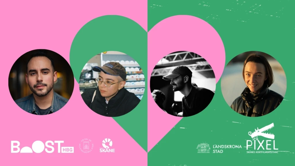 Porträtt av finalisterna i Pixel Talent Award mot rosa grön bakgrund