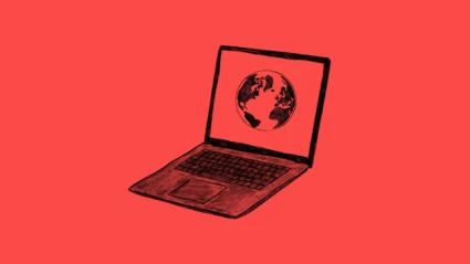 illustration av den laptop med en jordglob på skärmen, mot röd bakgrund