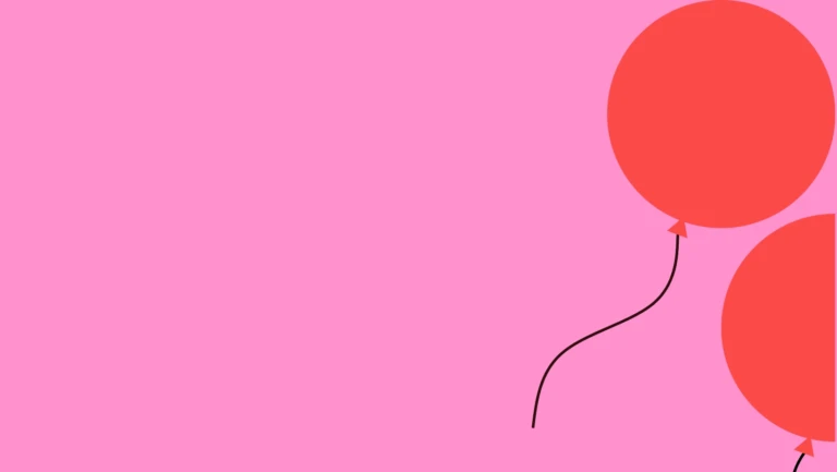 Illustration med röda ballonger mot rosa bakgrund